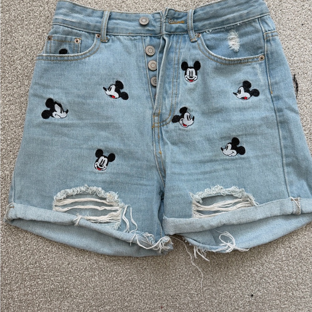 Light Blue Embroidered Denim Shorts with Character Motif